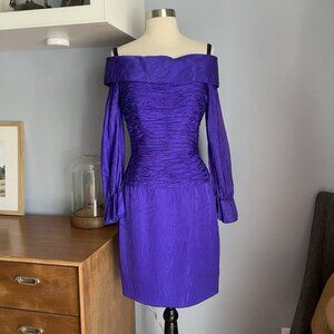 80s Vintage Liancarlo Sheath Dress Womens 6 Off-Shoulder Blue/Purple